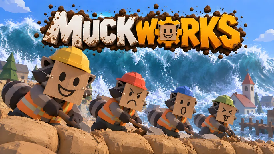 MUCKWORKS key art: four raccoon contractors build a sandbag wall as a huge wave rises